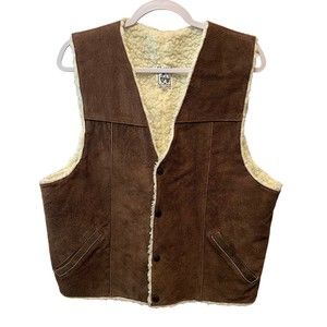 Genuine Leather Hencho en Mexico VINTAGE Brown Leather Fur Lined Vest Sz…